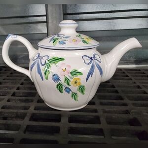 Herend Village Pottery Teapot Blue Bows Floral Hungary Hand Painted.
